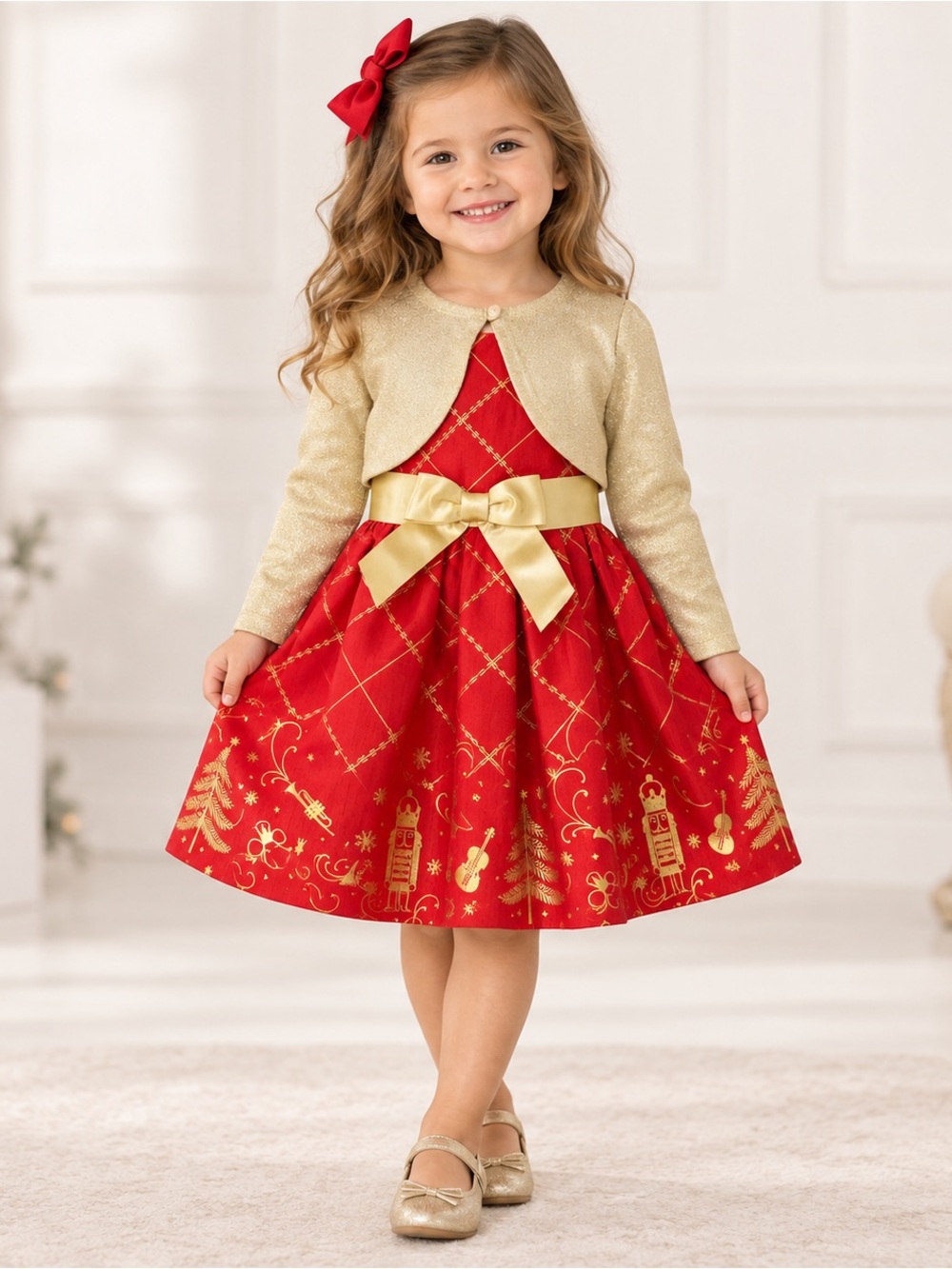 Bonnie Jean Girls 3T Red Gold Holiday Dress Set w/ Bolero & Red Bow